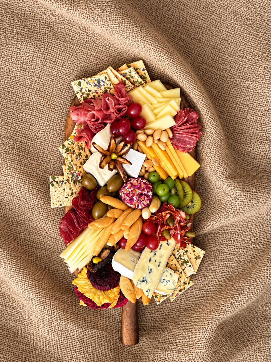 Charcuterie, cheeses and accompaniments on a wooden sharing board