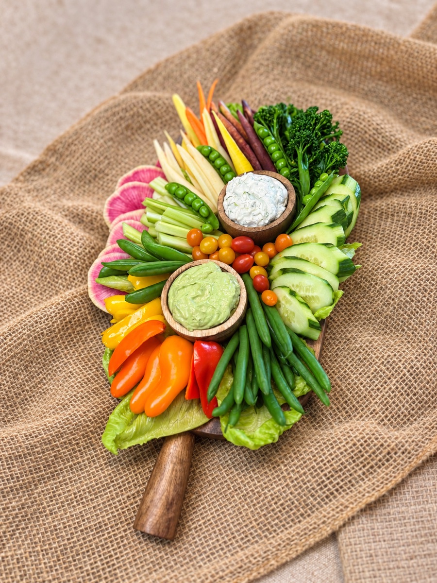 Seasonal vegetable crudités arranged on a wooden board