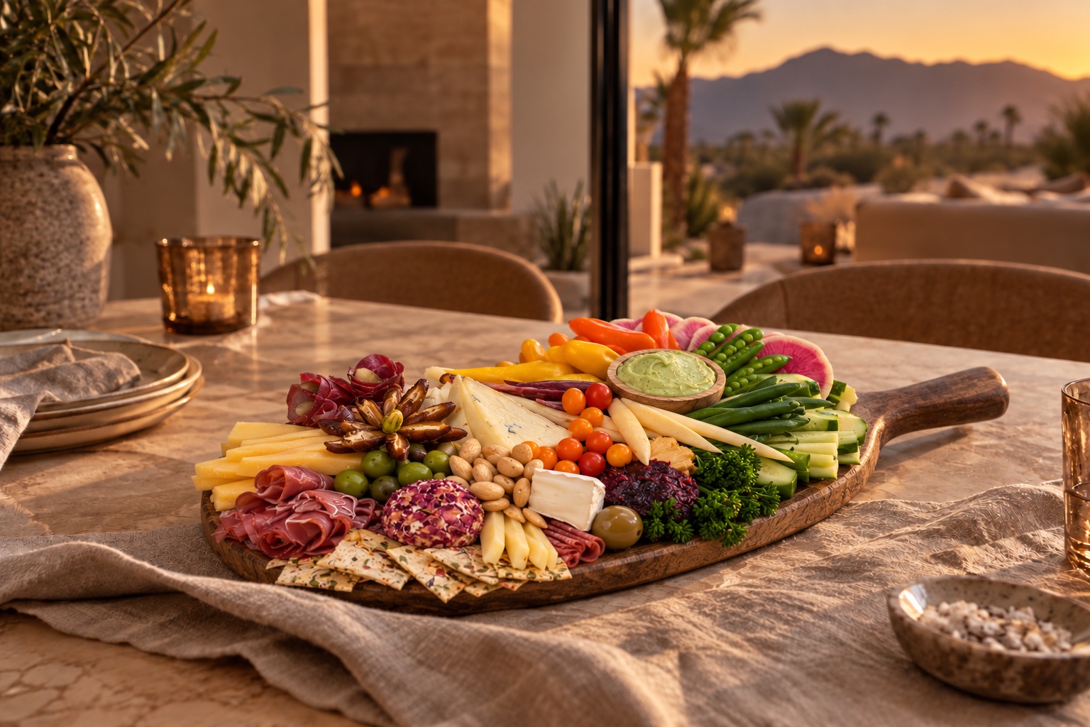 AI-assisted composite based on the Medjool mixed platter photograph in a desert home at dusk