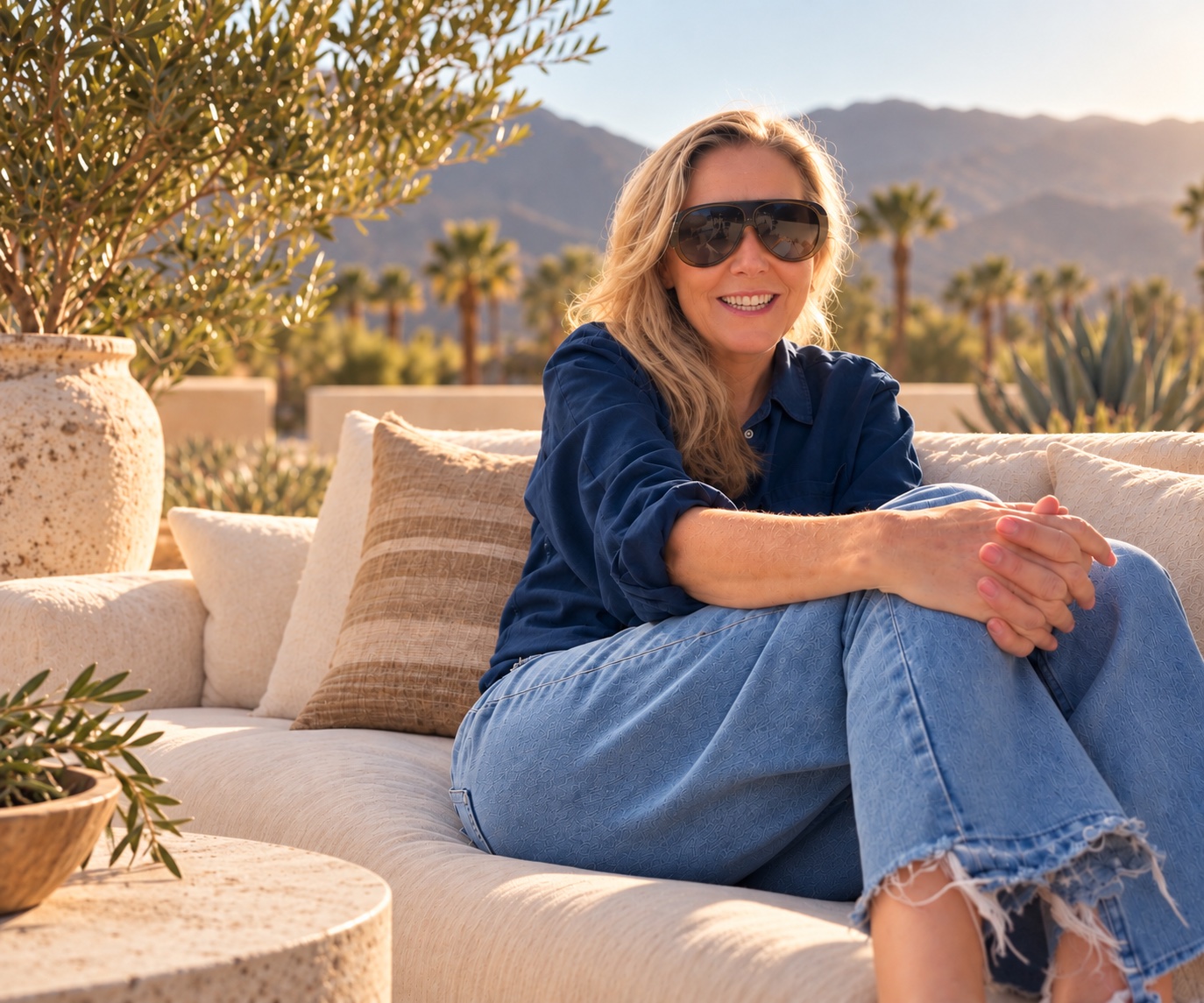 Lauren Phillips smiling on an outdoor sofa with palm trees and desert mountains behind her
